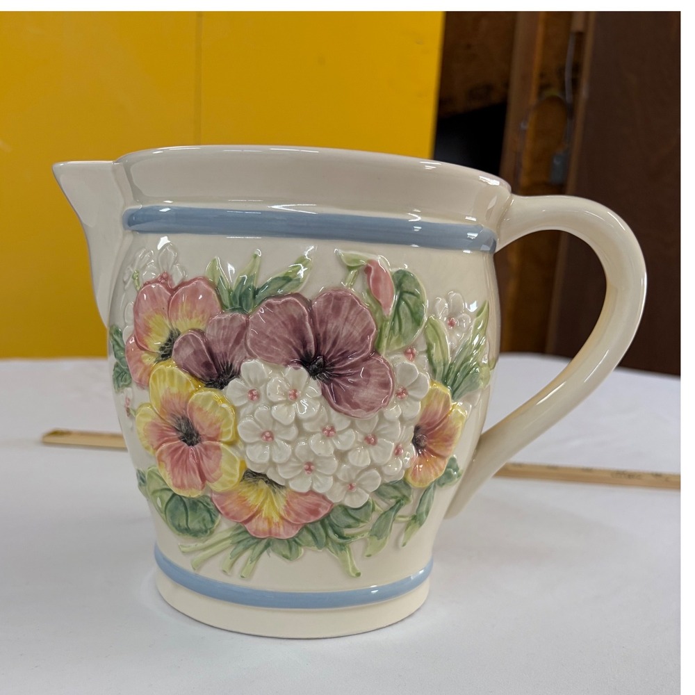 Eddie Bauer Floral Ceramic Pitcher Embossed Pansy Hydrangea Made in Japan 6.5in